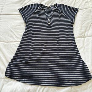 LOFT Womens Size Medium Blue White Striped Short Sleeve V Neck Midi Dress Beach